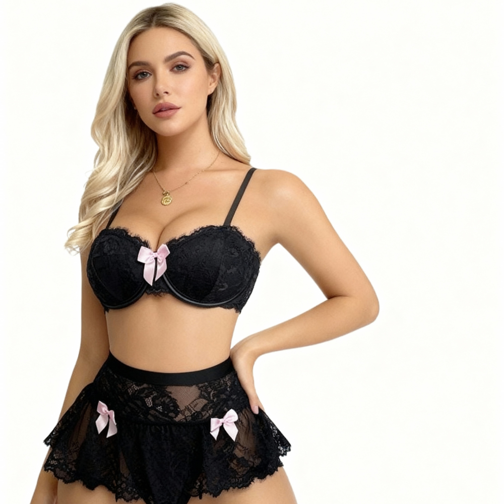 Anabelle - BH-Set - Tanga mit Rüschen Rosa Schleifen
