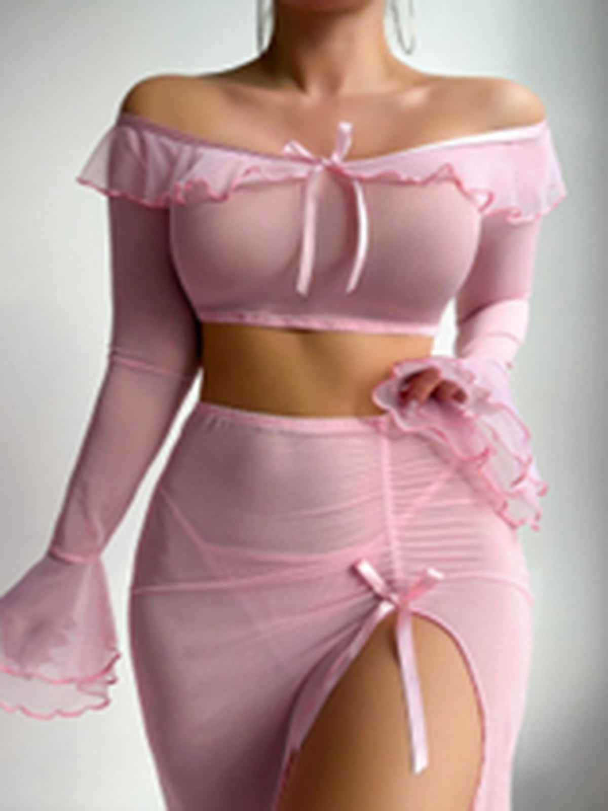 Bella - Pink long sleeve top set - Thong - Long skirt