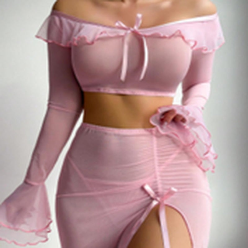 Bella - Pink long sleeve top set - Thong - Long skirt