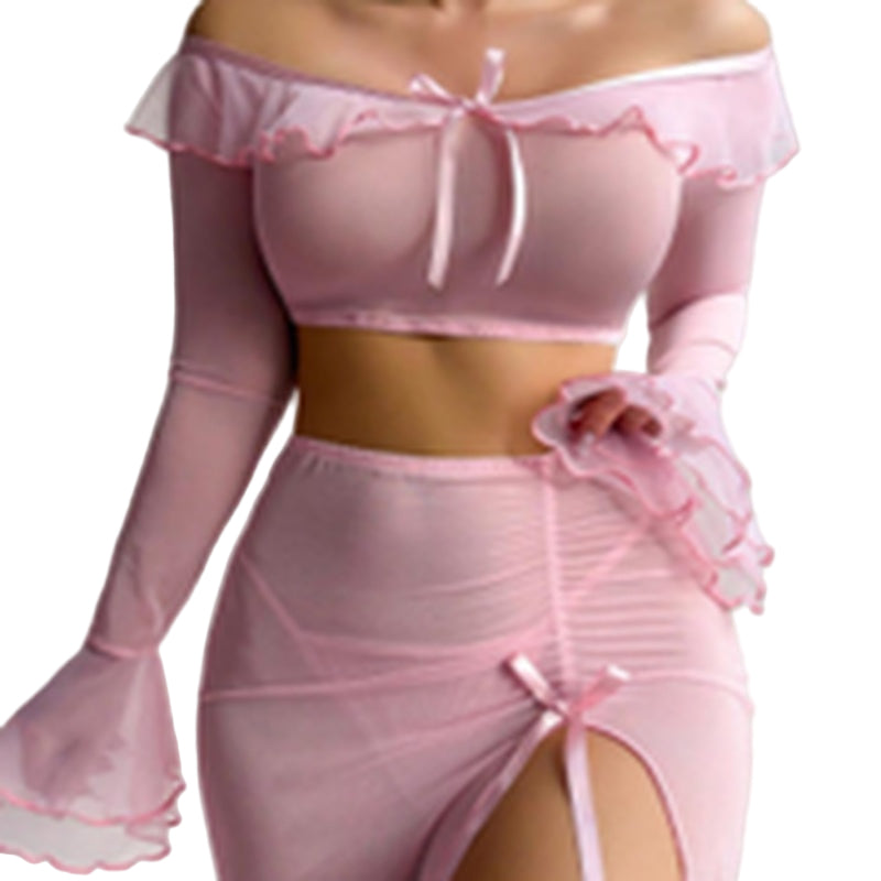 Bella - Rosa Langarm-Top-Set - Tanga - Langer Rock