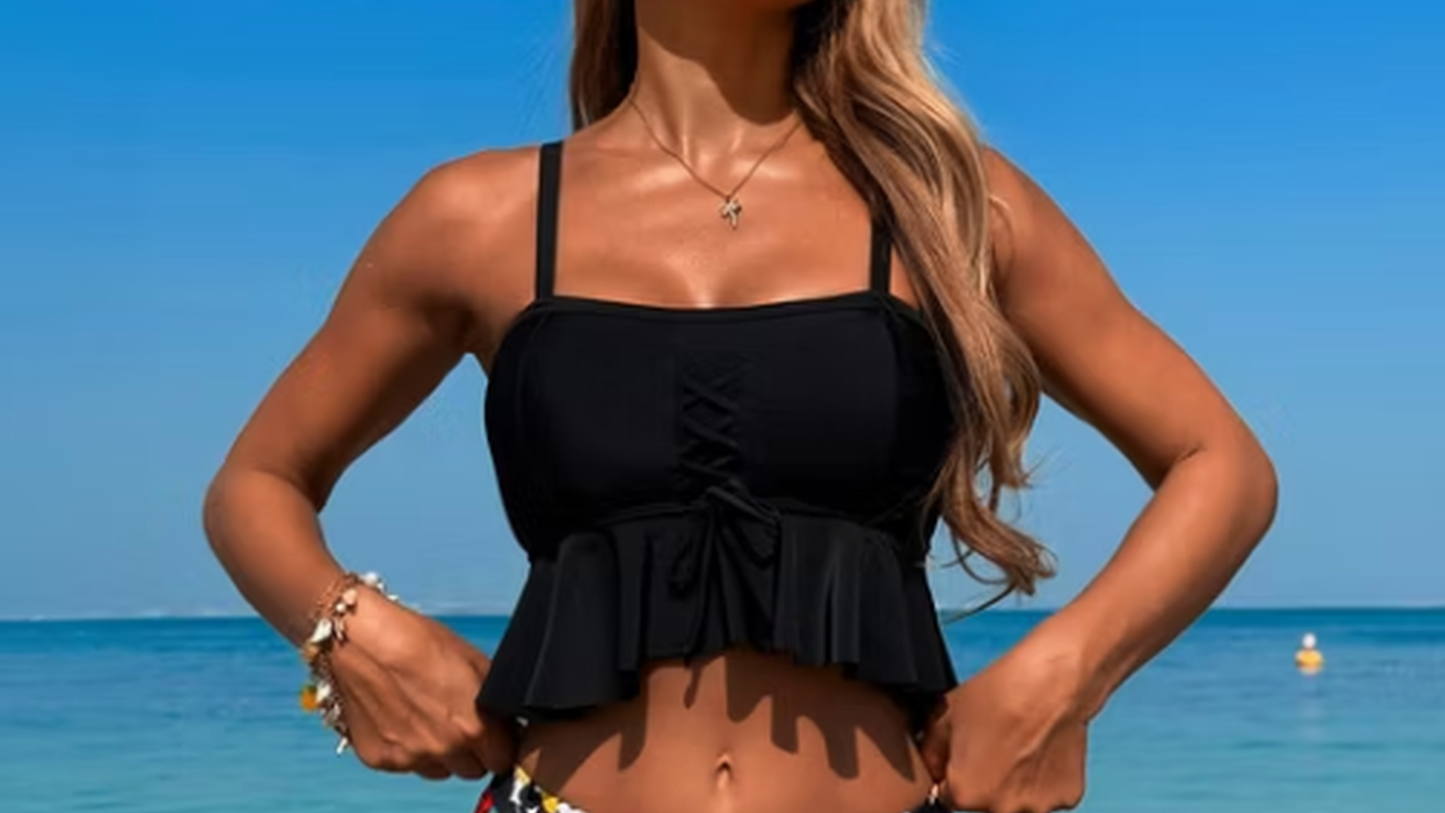 Calypso - Schwarzer Bustier-Badeanzug mit floralem Slip