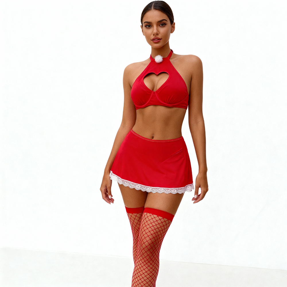Alessandra - Ensemble Lingerie Rouge Sexy avec Bas Résille