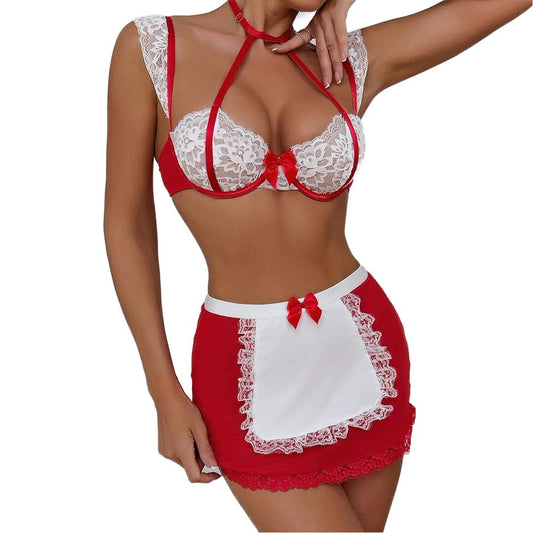 Louise – Ensemble French Maid en Dentelle Rouge et Blanche
