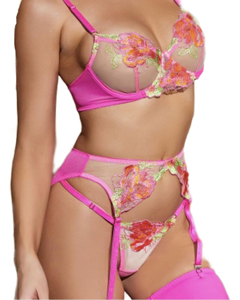 Tanja – Rosa Dessous mit Blumenstickerei