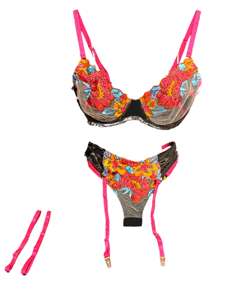 Georgina - Ensemble Lingerie 4 pièces – Broderies florales & finitions dorées