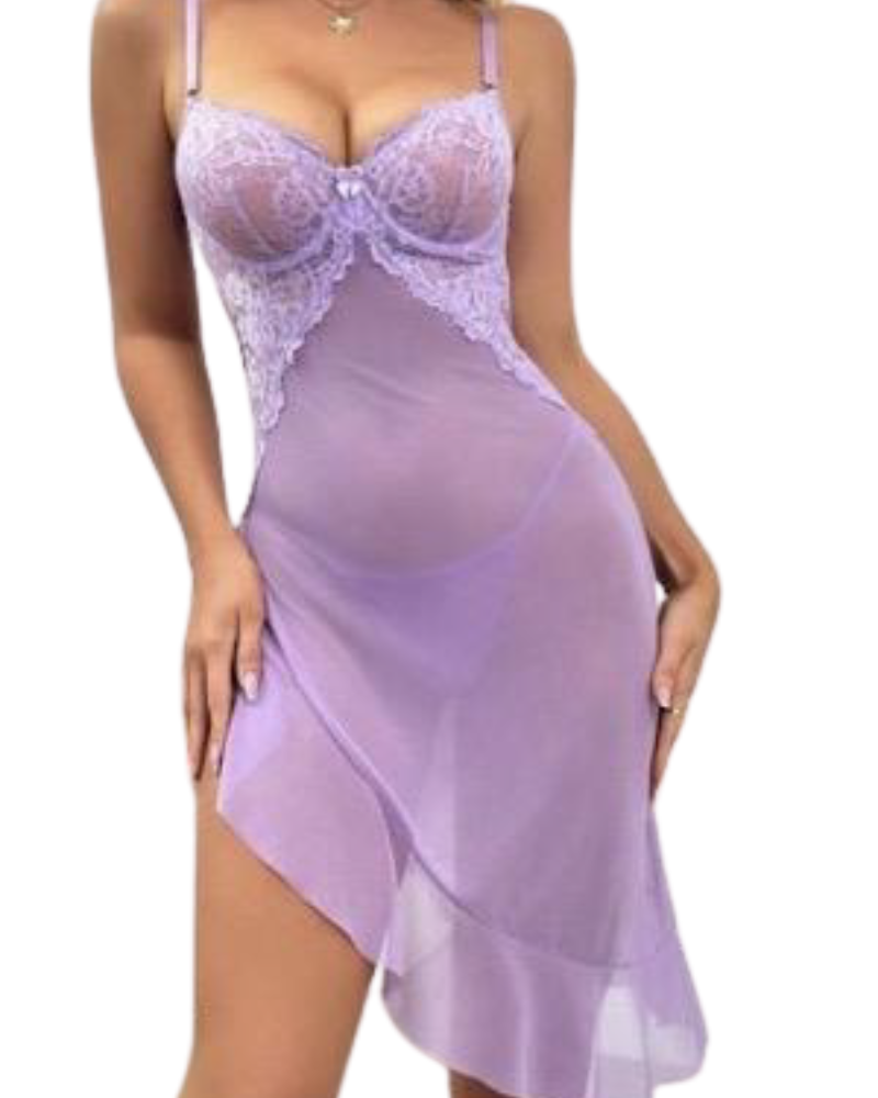 Lila – Nuisette violette en dentelle et voile fluide