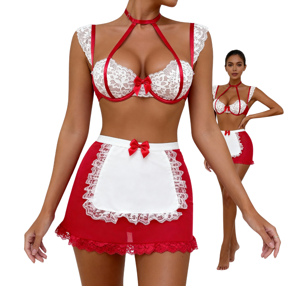 Louise – Ensemble French Maid en Dentelle Rouge et Blanche
