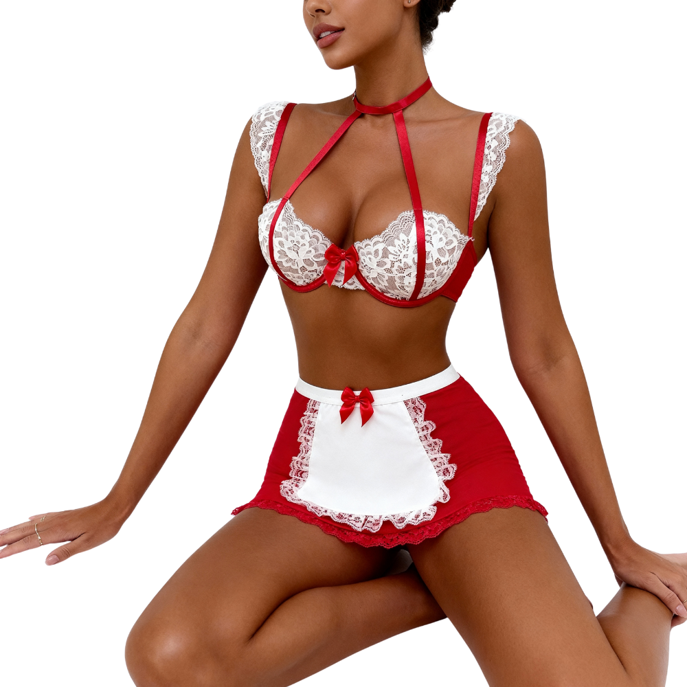Louise – Ensemble French Maid en Dentelle Rouge et Blanche