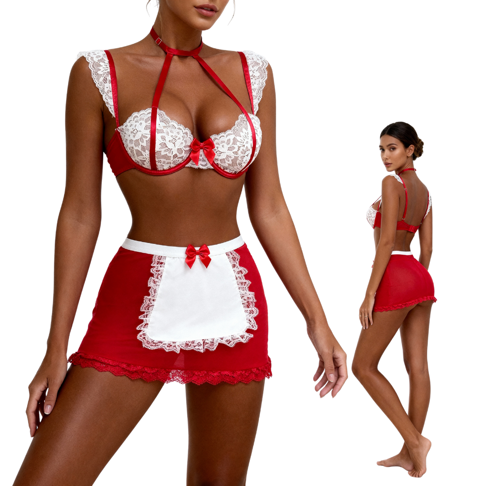 Louise – Ensemble French Maid en Dentelle Rouge et Blanche
