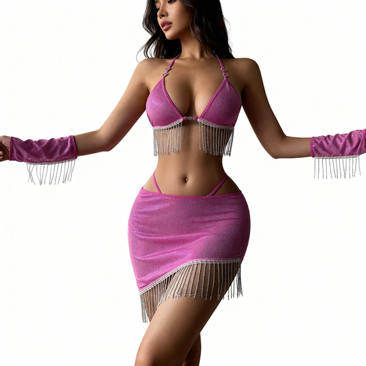 ensemble rose jupe soutien gorge string - strass scintillants