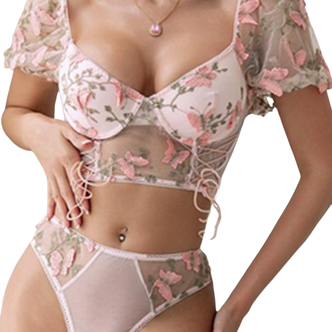 Julia - Ensemble Soutien gorge avec manches 
 - String - Rose Papillons brodés