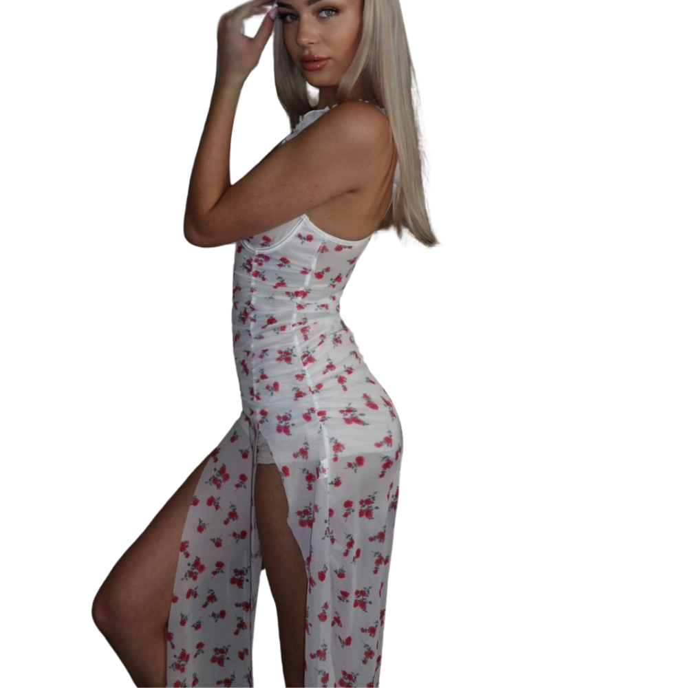 Gabriella - Long white floral nightgown - Thong