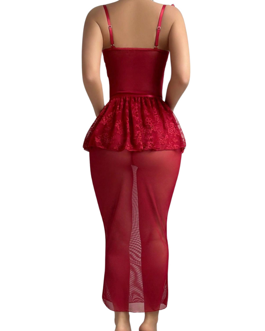 Long red lace lingerie dress with underwire
